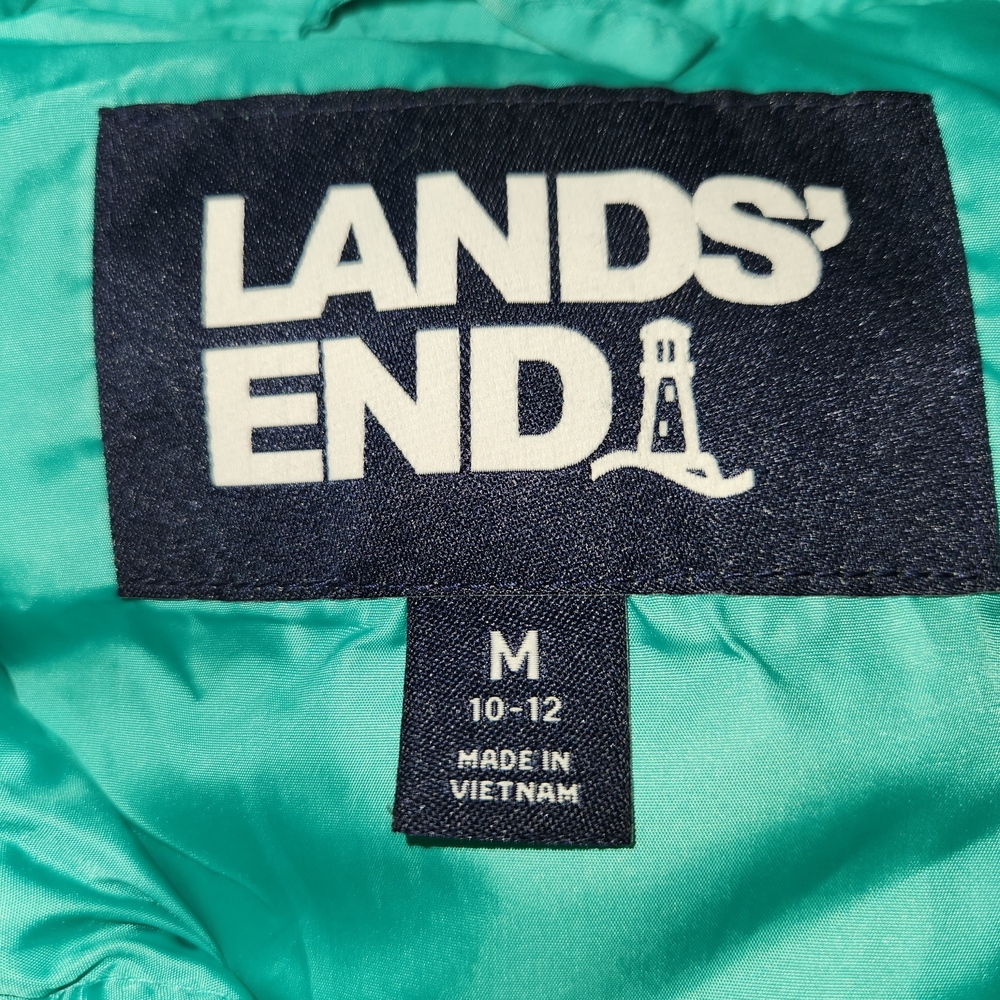 Lands End Teal Green Down Filled Puffer Vest Zip Front Size M Snap Pockets Warm - Picture 8 of 12